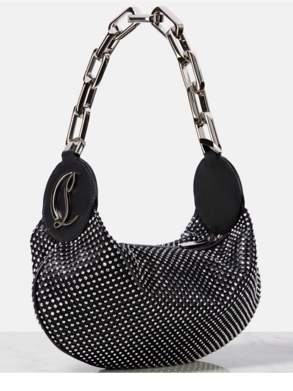 Christian Louboutin Black Crystal Hobo with Silver Chain Handle